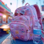 Un sac à dos rose orné de motifs floraux scintillants posé sur un banc à côté d'une bouteille d'eau, illustrant les meilleurs sacs d'école Kpop pour un style urbain et coloré.