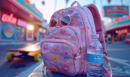 Un sac à dos rose orné de motifs floraux scintillants posé sur un banc à côté d'une bouteille d'eau, illustrant les meilleurs sacs d'école Kpop pour un style urbain et coloré.