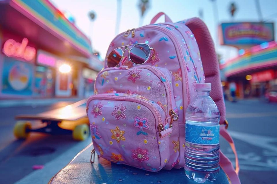 Un sac à dos rose orné de motifs floraux scintillants posé sur un banc à côté d'une bouteille d'eau, illustrant les meilleurs sacs d'école Kpop pour un style urbain et coloré.
