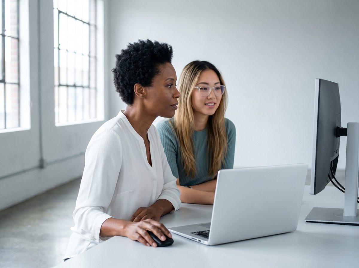 Deux professionnels collaborent devant un ordinateur portable dans un bureau lumineux Deux professionnels collaborent devant un ordinateur portable dans un bureau lumineux