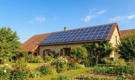 Toit de maison individuelle française avec panneaux solaires photovoltaïques, ciel dégagé, jardin