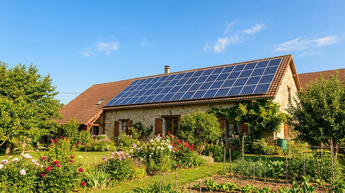 Toit de maison individuelle française avec panneaux solaires photovoltaïques, ciel dégagé, jardin